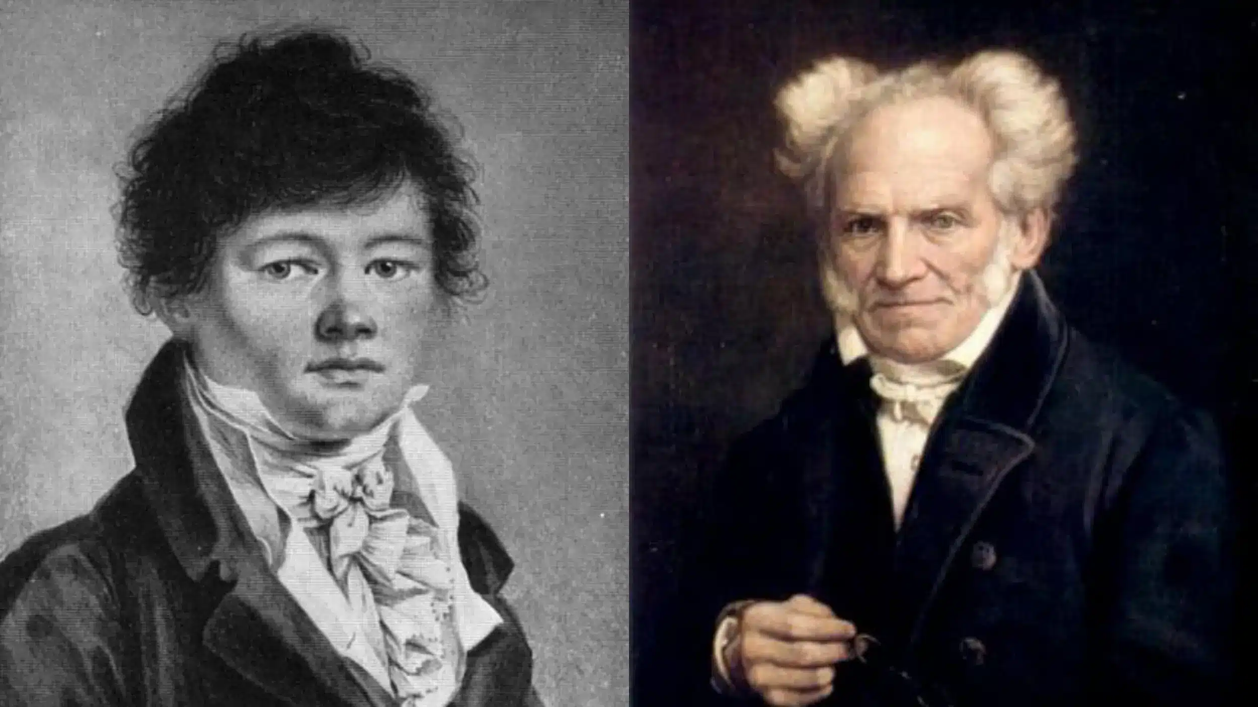Side-by-side portraits of Arthur Schopenhauer as a young man and in his later years