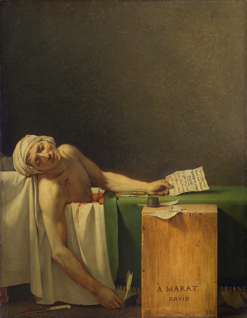 Painting by Jacques-Louis David depicting the lifeless body of Jean-Paul Marat in a bathtub holding a quill and paper representing his assassination during the French Revolution
