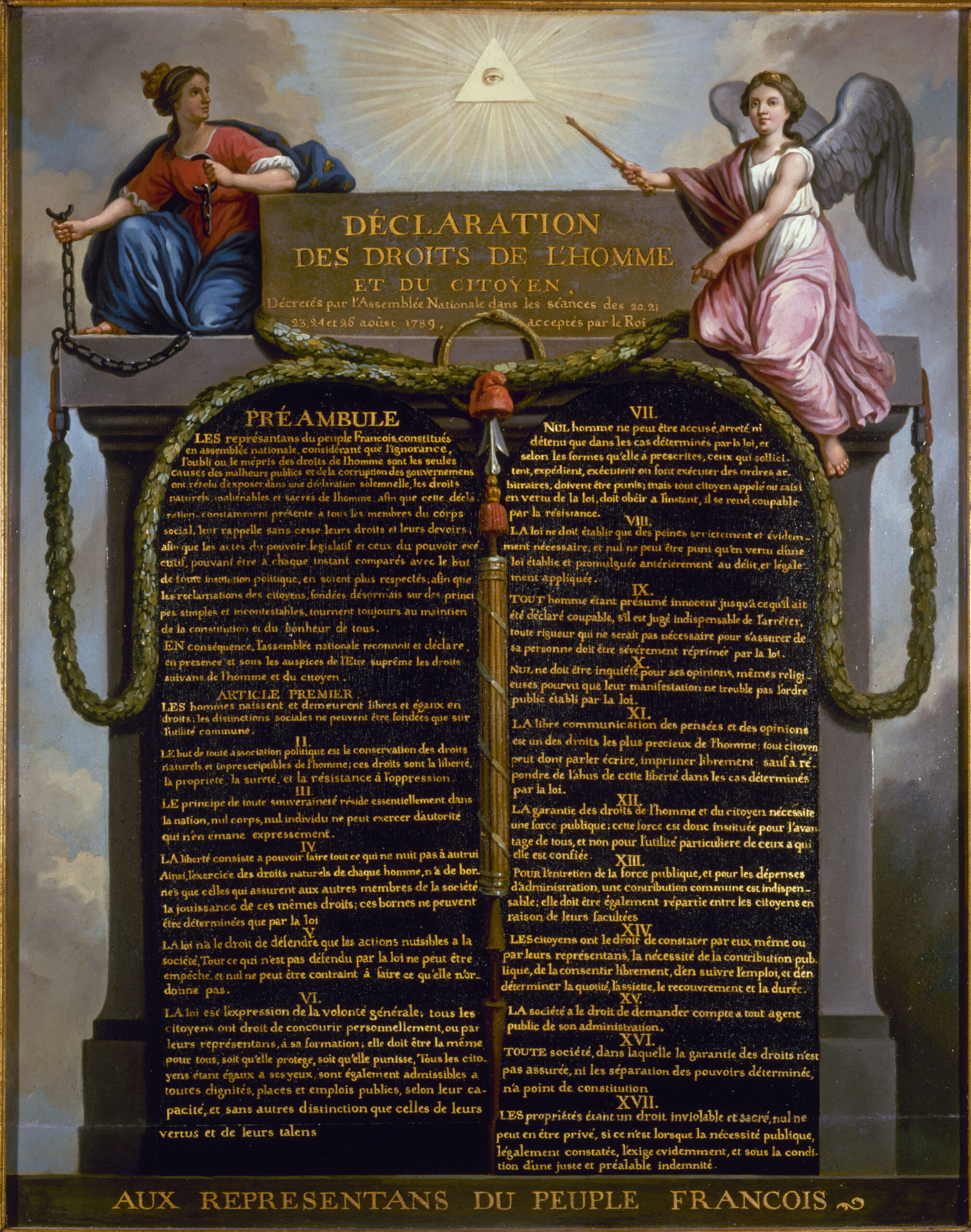 Painting of the Declaration of the Rights of Man and of the Citizen featuring the text surrounded by allegorical figures and symbols representing liberty and justice from the French Revolution
