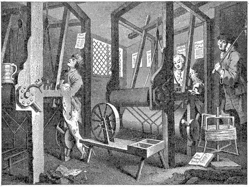 Illustration of hand loom weaving from William Hogarths 1747 series Industry and Idleness showing workers operating manual looms in a workshop