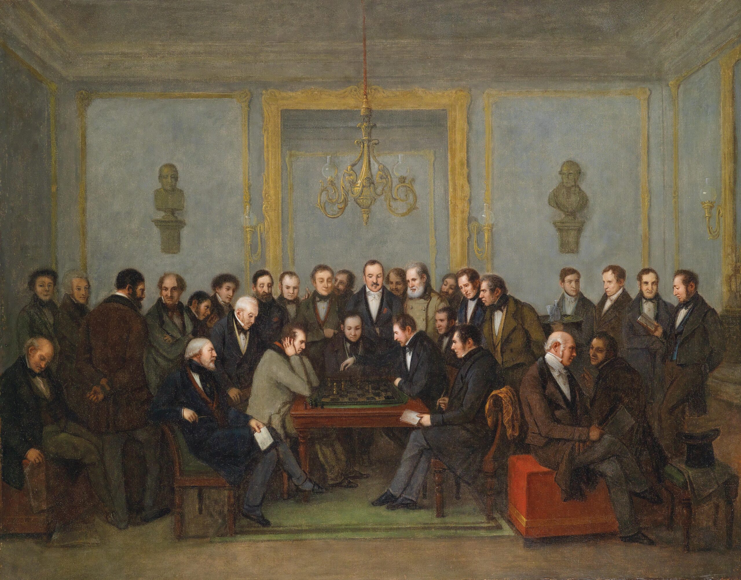 Painting by Jean-Henri Marlet showing a crowded room with spectators observing a chess match between Howard Staunton and Pierre Charles Fournier de Saint-Amant at Caf de la Rgence in 1843