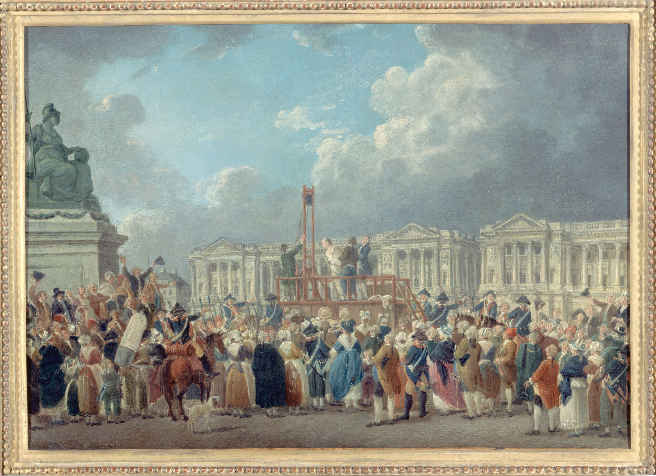 Painting by Pierre-Antoine Demachy depicting a public execution by guillotine at Place de la Rvolution during the French Revolution with a large crowd of spectators