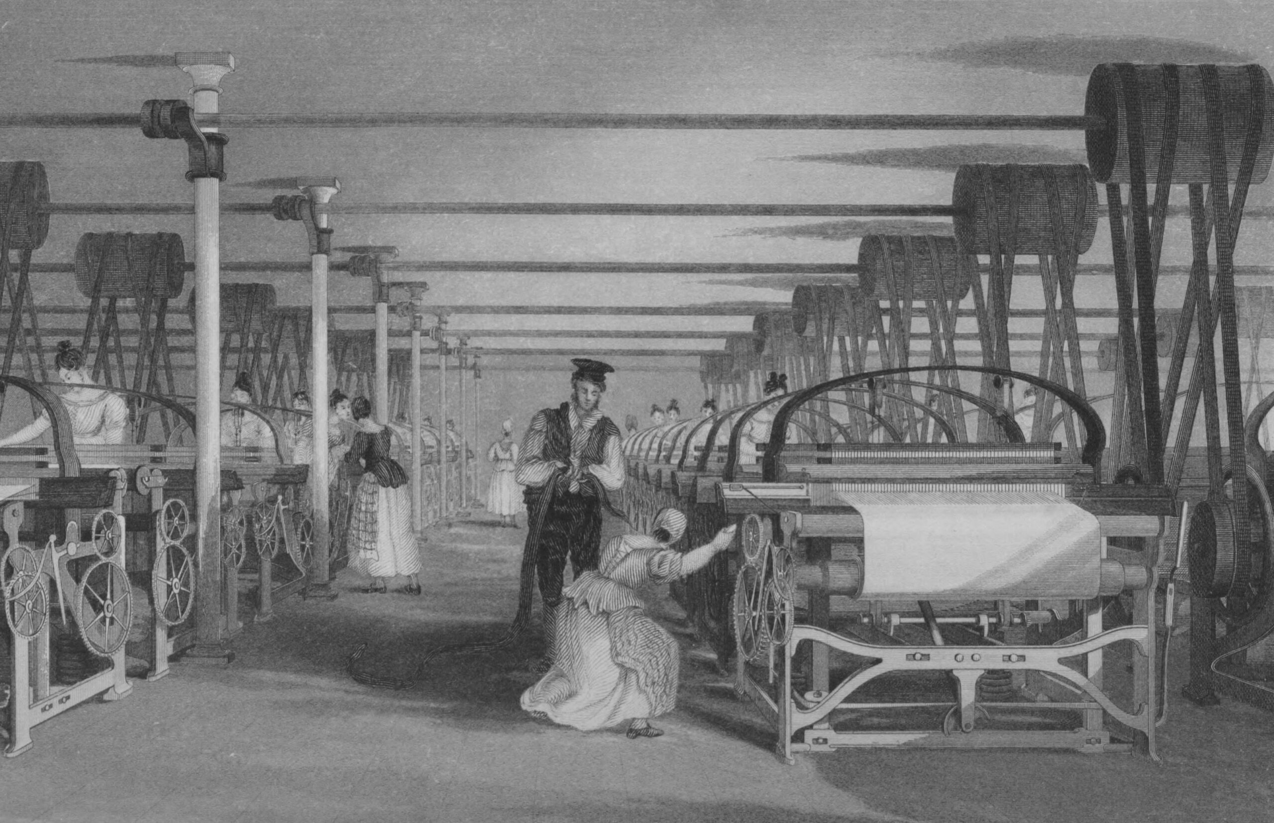 Illustration of power loom weaving in a 19th-century English factory showing rows of machinery operated by workers highlighting the mechanization of the textile industry during the Industrial Revolution