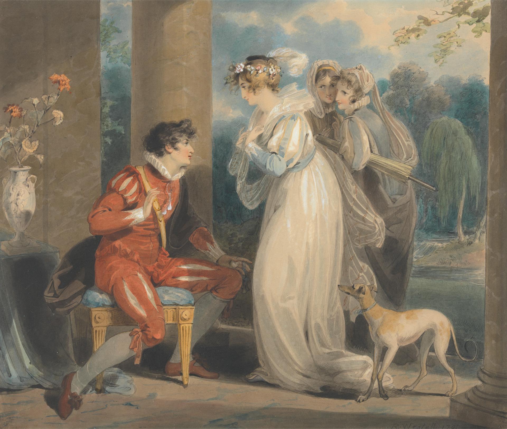 Painting by Richard Westall titled Rosebud or The Judgment of Paris depicting a seated man and three women in flowing dresses with a dog set in a classical garden