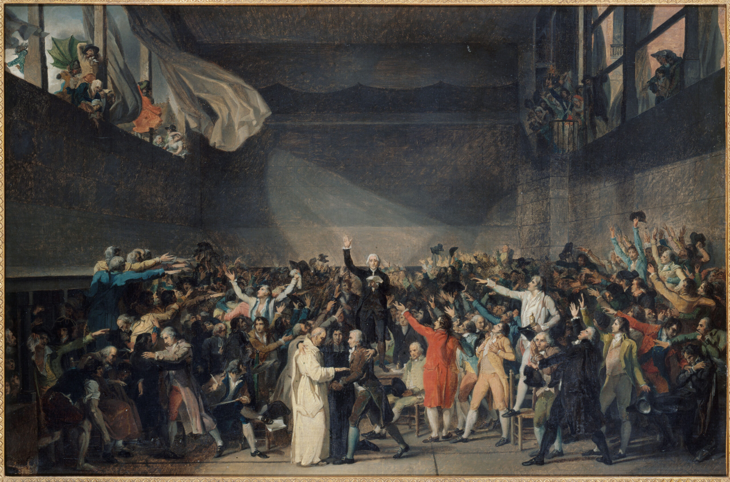 Painting by Jacques-Louis David depicting the dramatic scene of the Tennis Court Oath with members of the French National Assembly raising their hands in unity during a pivotal moment of the French Revolution