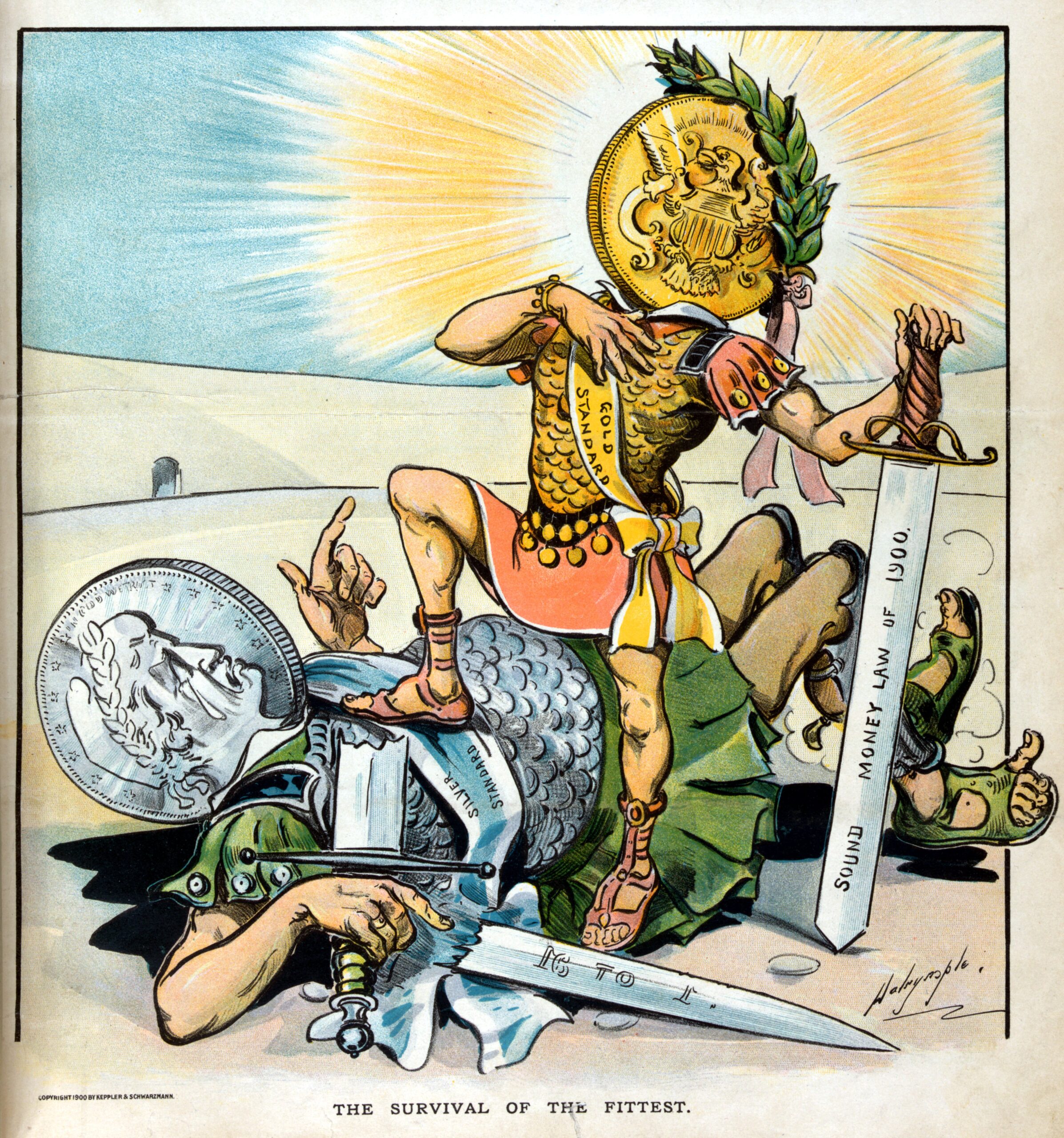 Political cartoon titled Survival of the Fittest showing a figure representing the gold standard defeating a figure representing the silver standard in a symbolic battle