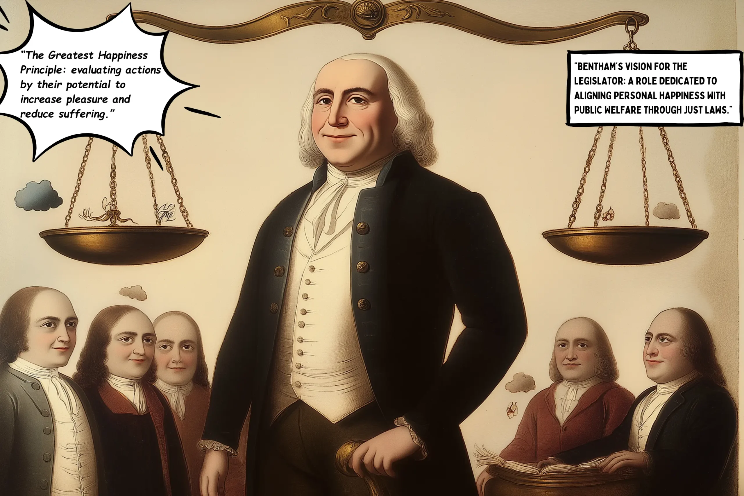 Illustration of Jeremy Bentham standing in front of balanced scales symbolizing his Greatest Happiness Principle and vision for legislation promoting public welfare
