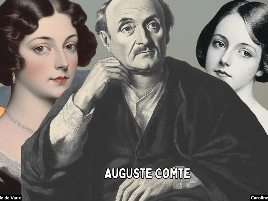 Auguste Comte with Clotilde de Vaux and Caroline Massin, representing his philosophical journey, personal relationships, and the influence of emotion on his positivist philosophy.
