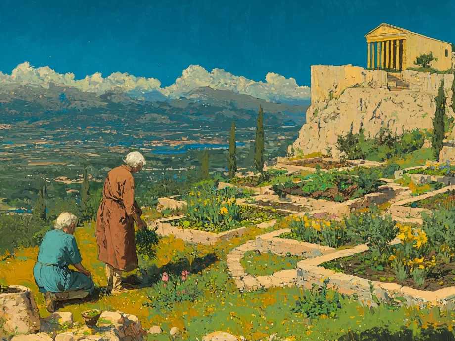 Two elderly figures in colorful robes contemplating an ancient Greek temple atop a rocky hill, surrounded by Mediterranean cypress trees, winding garden paths, and wildflowers, against a backdrop of mountains and blue sky.
