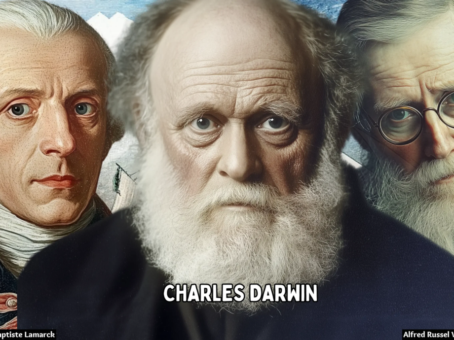 A digital composite illustration of Charles Darwin at the center, flanked by Jean-Baptiste Lamarck on the left and Alfred Russel Wallace on the right, symbolizing their contributions to evolutionary theory.