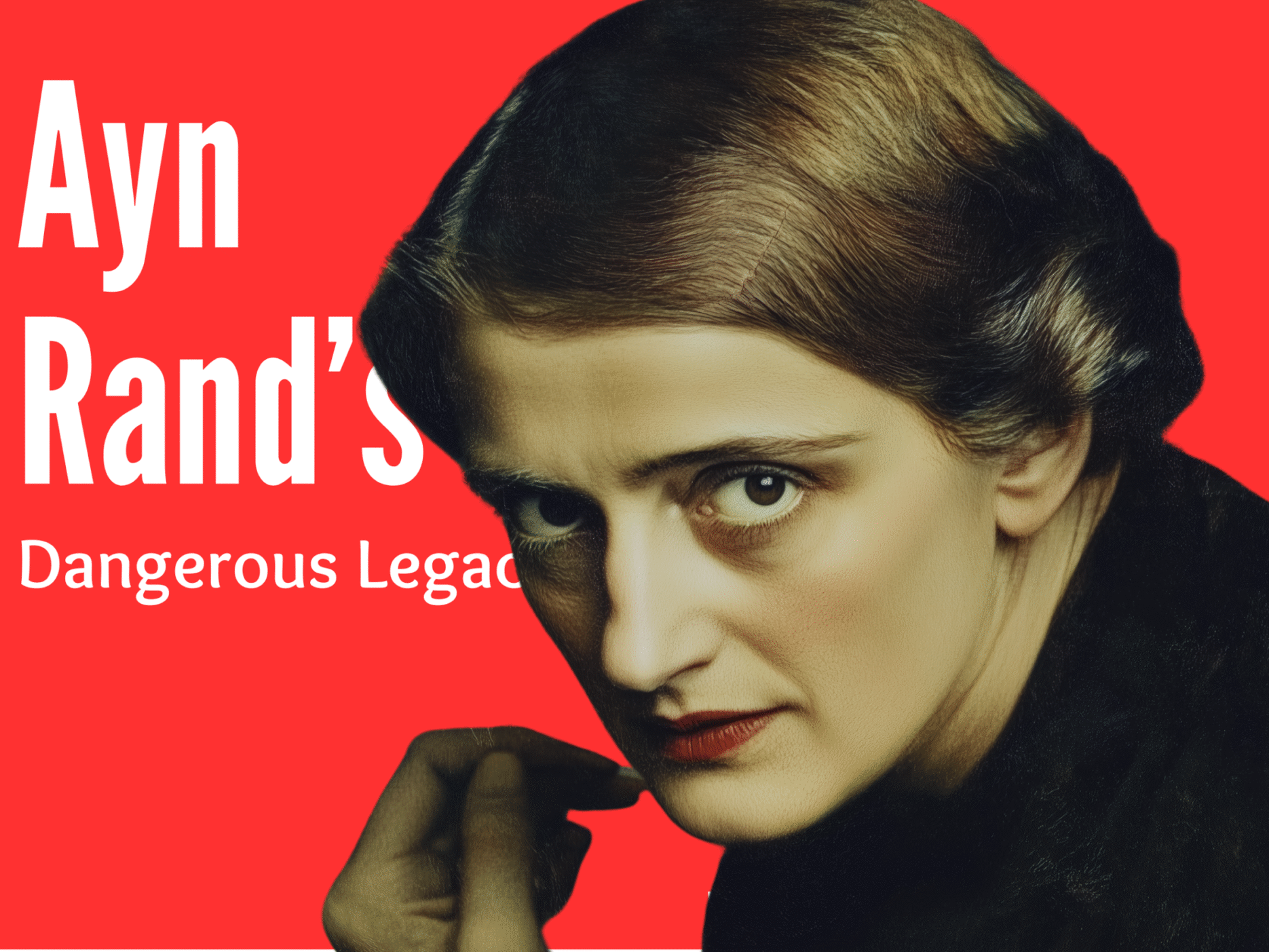 Magazine cover featuring Ayn Rand with intense expression on a bold red background, promoting article about her influence on Silicon Valley, startups, and politics.