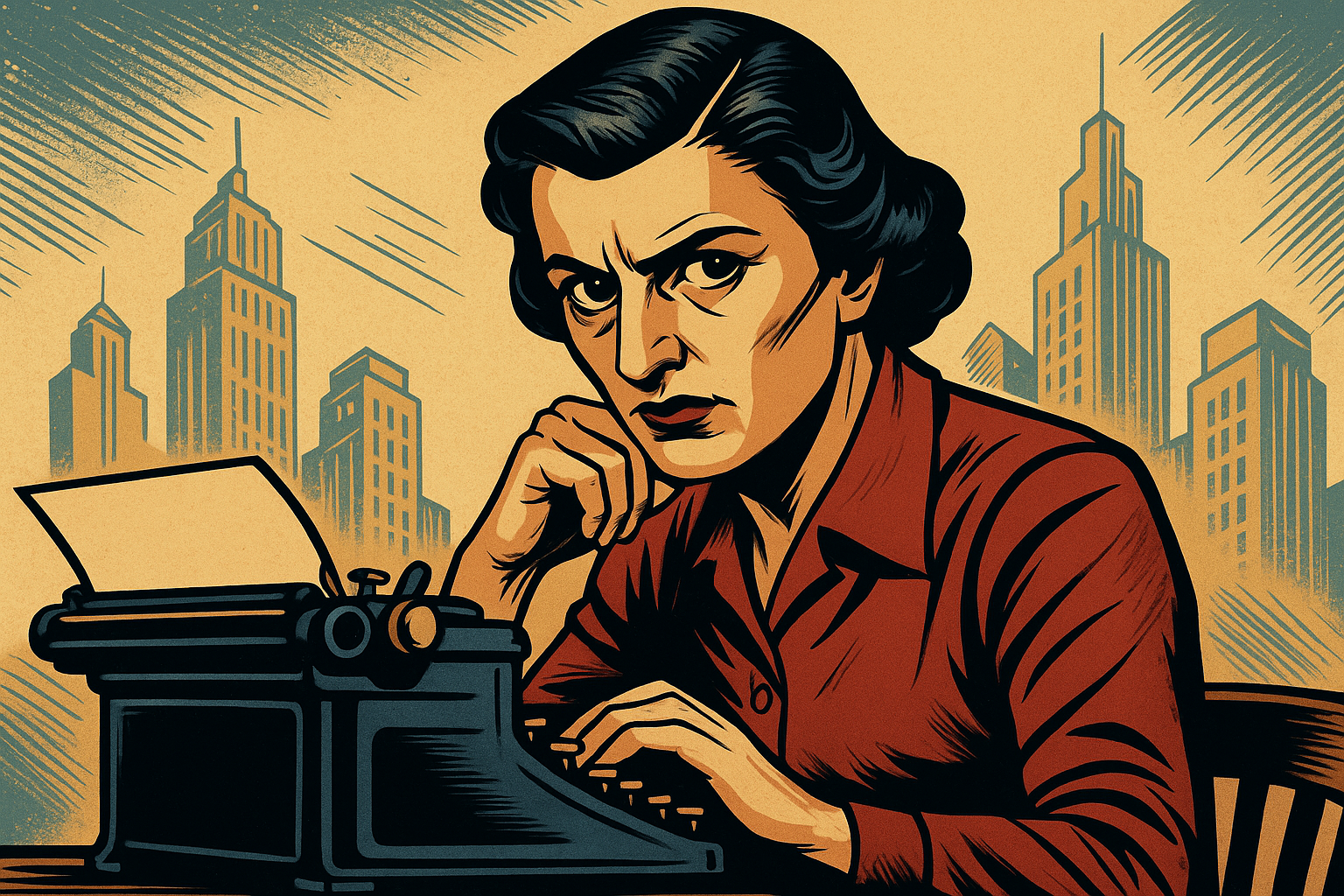 Comic art-style illustration of a young Ayn Rand at a vintage typewriter set against an architectural cityscape background symbolizing ambition and individualism