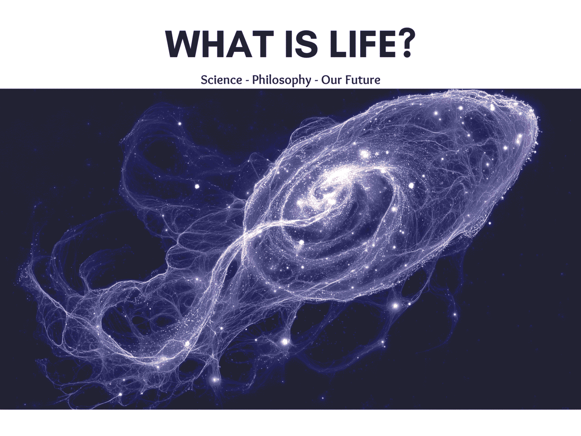 "Abstract cosmic spiral blending galaxy structure with neural network strands, symbolizing the emergence of life from complexity"