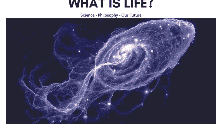 "Abstract cosmic spiral blending galaxy structure with neural network strands, symbolizing the emergence of life from complexity"