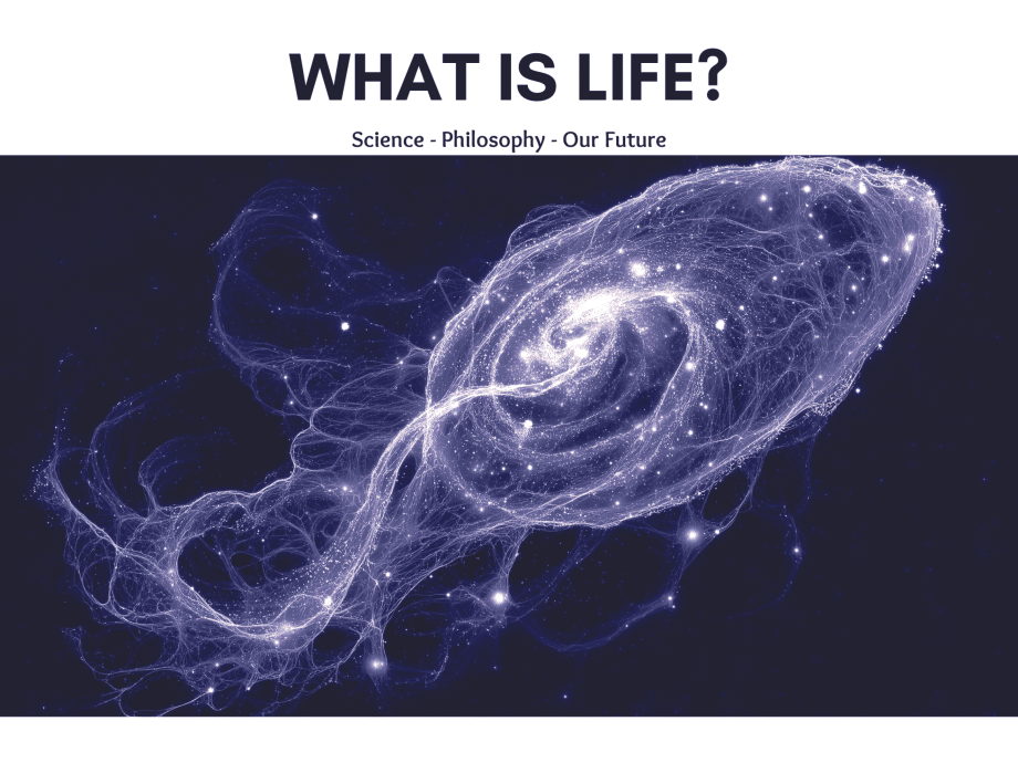 "Abstract cosmic spiral blending galaxy structure with neural network strands, symbolizing the emergence of life from complexity"