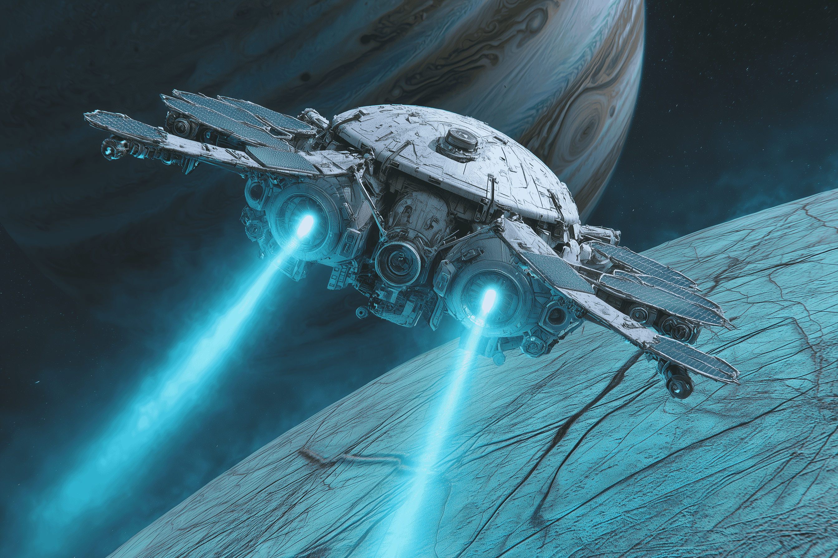 Europa Clipper flyby over ocean fissures Photorealistic spacecraft with subsurface biosignature scanners