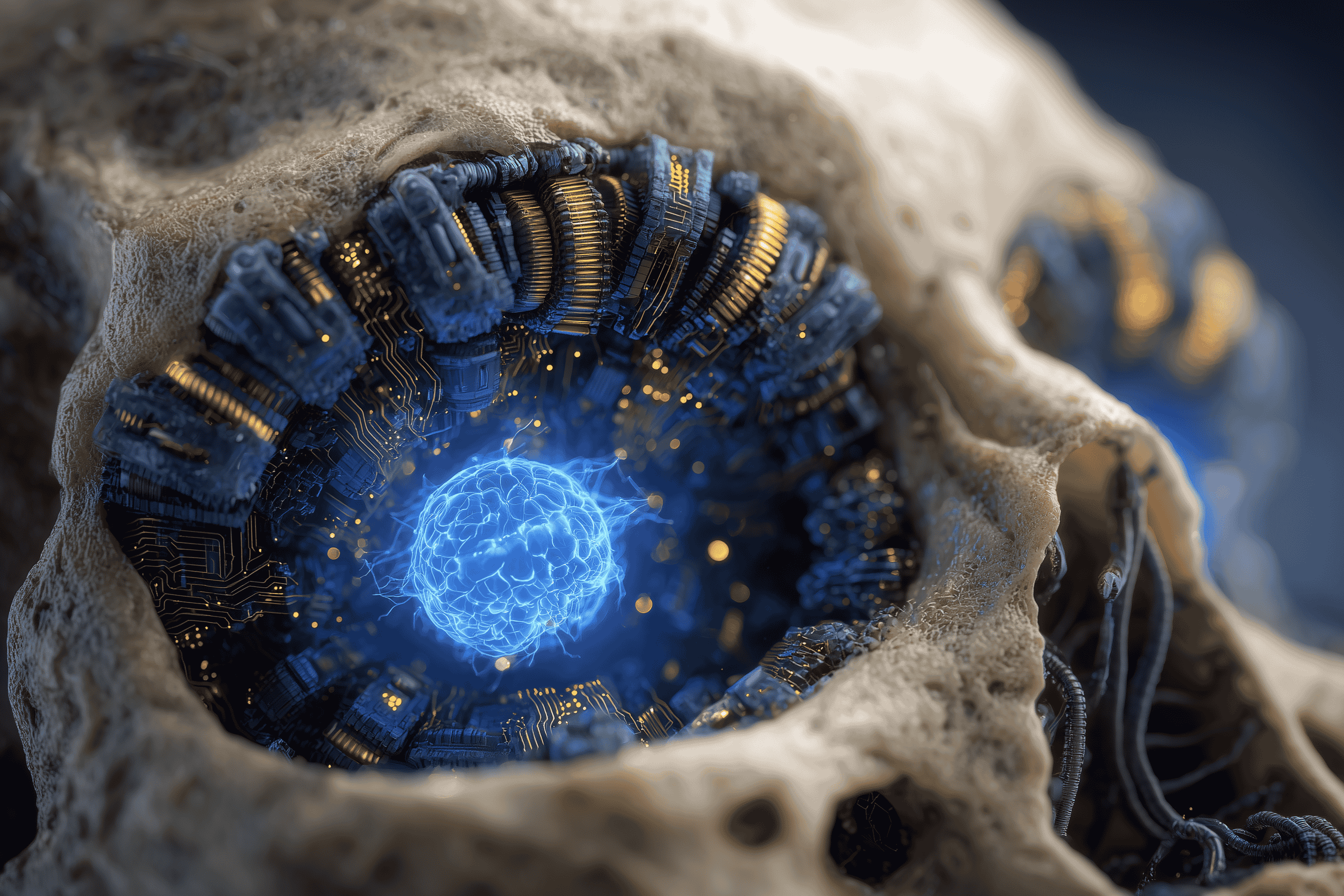 chemistry as body info as mind Stylized dualitymechanical gears merging with circuitry