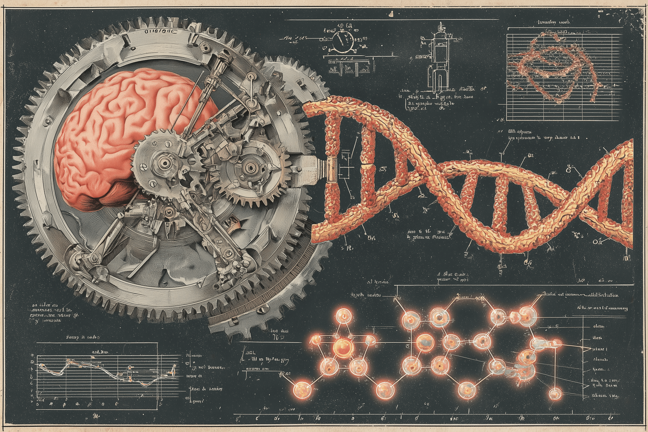 Retro-scientific collage 1940s style of DNA emerging from code lines and gears