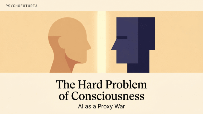 Editorial illustration of AI consciousness as a proxy war over mind